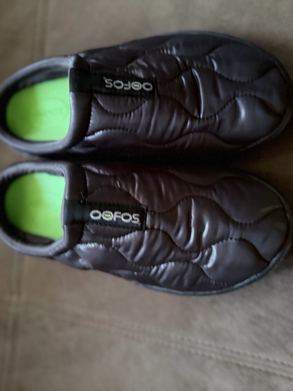 OOFOS womens Quilted Slip-On Loafers in Dark Brown with Lime Insole